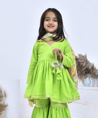 Green printed cotton girls sharara set 2