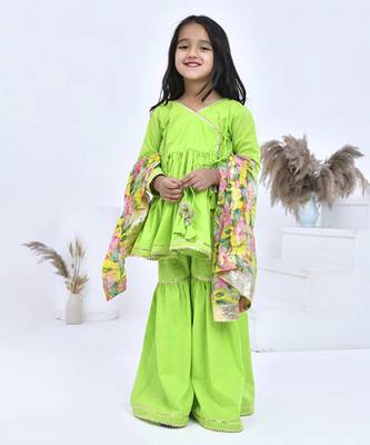Green printed cotton girls sharara set 1