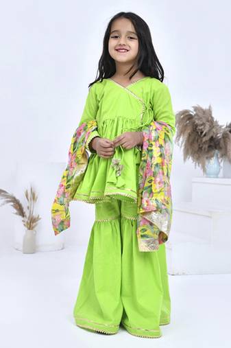 Green printed cotton girls sharara set