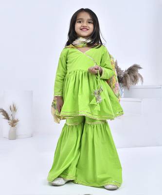 Green printed cotton girls sharara set 3