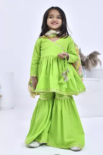 Green printed cotton girls sharara set