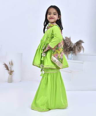 Green printed cotton girls sharara set 4