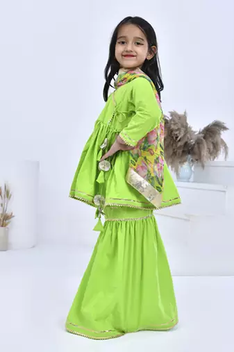 Green printed cotton girls sharara set