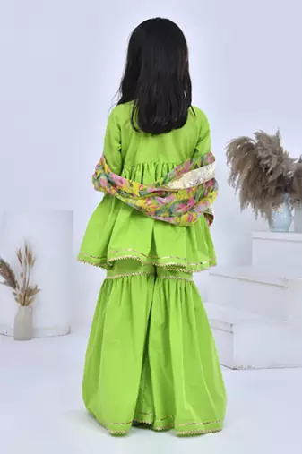 Green printed cotton girls sharara set