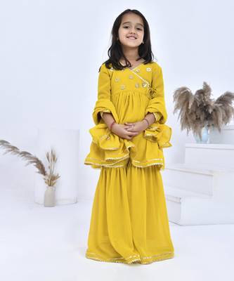 Yellow embroidered georgette girls sharara set 1