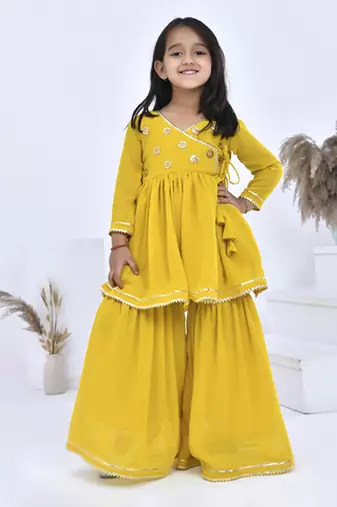 Yellow embroidered georgette girls sharara set