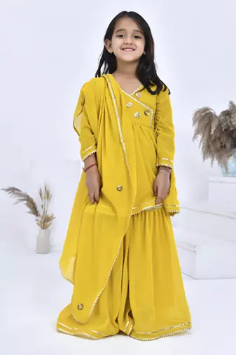 Yellow embroidered georgette girls sharara set