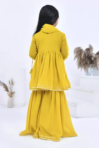 Yellow embroidered georgette girls sharara set