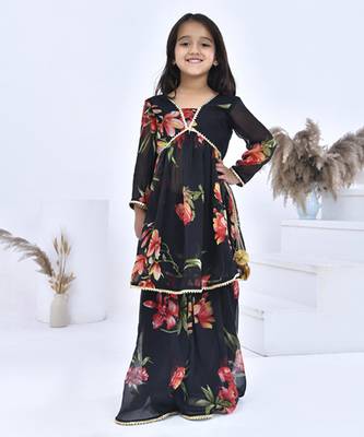 Black printed chiffon girls sharara set 1