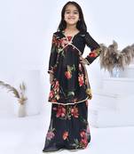 Black printed chiffon girls sharara set