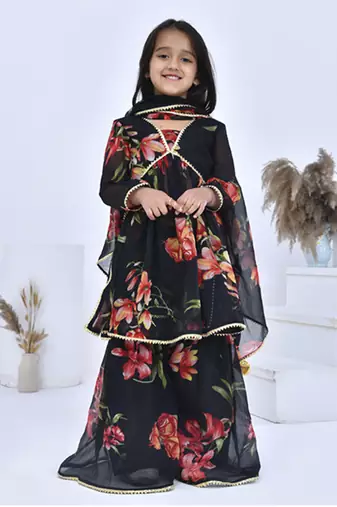 Black printed chiffon girls sharara set