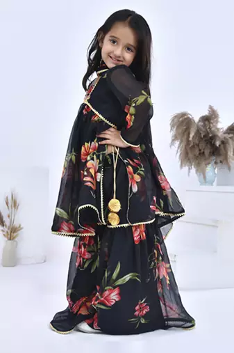 Black printed chiffon girls sharara set
