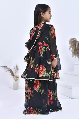 Black printed chiffon girls sharara set