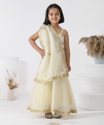 Beige embroidered silk girls kurti set 2