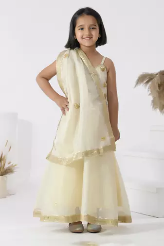 Beige embroidered silk girls kurti set