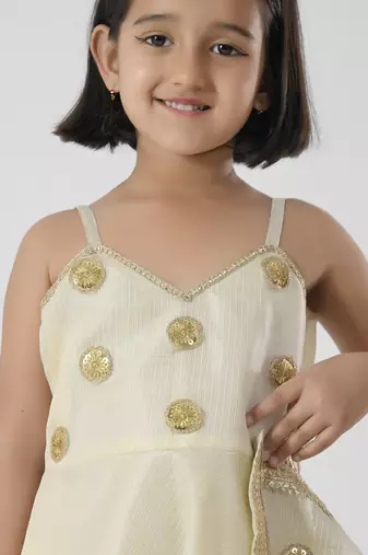 Beige embroidered silk girls kurti set