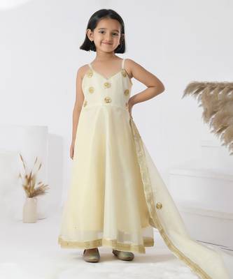 Beige embroidered silk girls kurti set 5