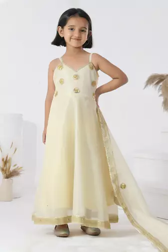 Beige embroidered silk girls kurti set