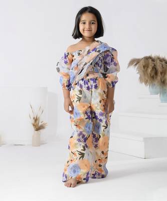 Beige printed chanderi girls clothing set 1