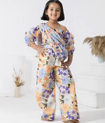 Beige printed chanderi girls clothing set 3