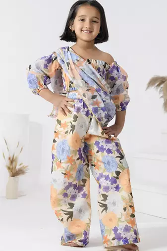 Beige printed chanderi girls clothing set