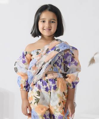 Beige printed chanderi girls clothing set 4