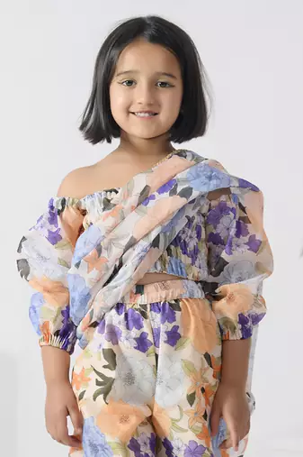 Beige printed chanderi girls clothing set