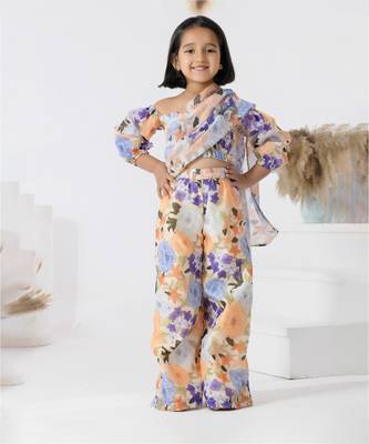 Beige printed chanderi girls clothing set 5