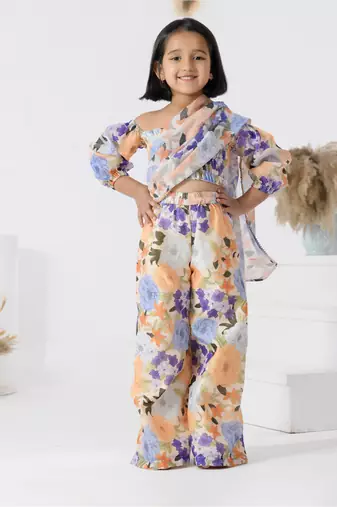 Beige printed chanderi girls clothing set