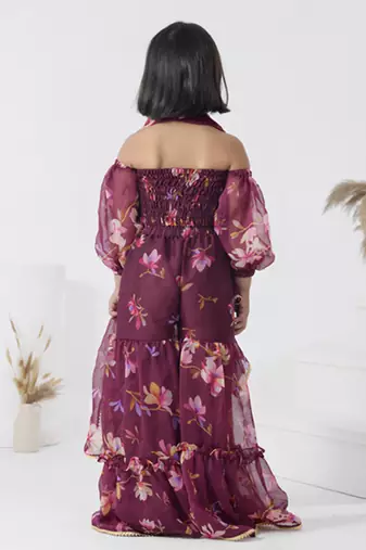 Maroon printed chiffon girls sharara set