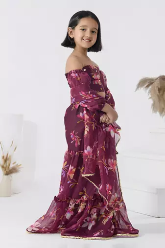 Maroon printed chiffon girls sharara set
