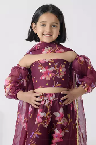 Maroon printed chiffon girls sharara set