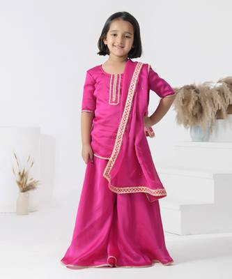 Pink embroidered satin girls sharara set 1
