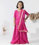 Pink embroidered satin girls sharara set