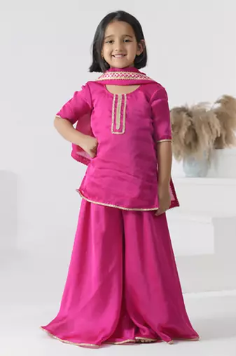 Pink embroidered satin girls sharara set