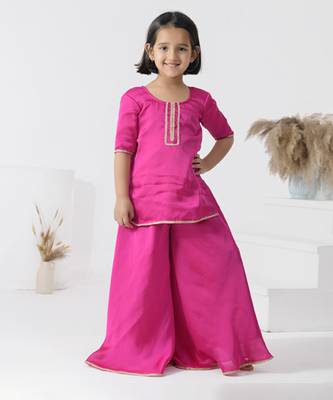 Pink embroidered satin girls sharara set 3
