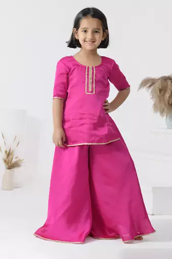 Pink embroidered satin girls sharara set