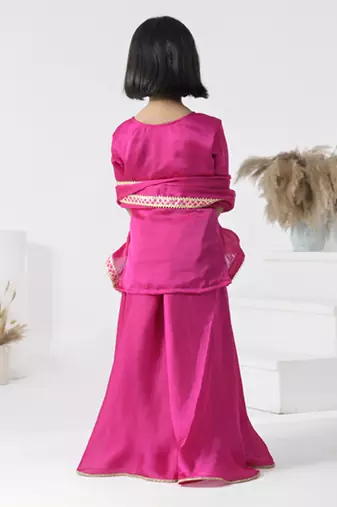 Pink embroidered satin girls sharara set