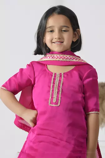 Pink embroidered satin girls sharara set