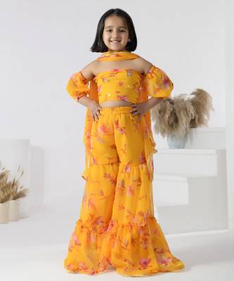 Yellow printed chiffon girls sharara set 1