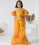 Yellow printed chiffon girls sharara set