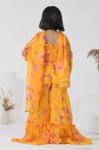Yellow printed chiffon girls sharara set