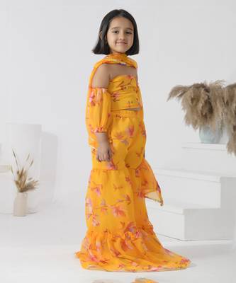Yellow printed chiffon girls sharara set 3