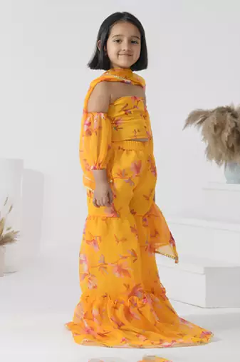 Yellow printed chiffon girls sharara set