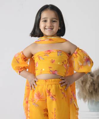 Yellow printed chiffon girls sharara set 4