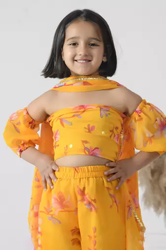 Yellow printed chiffon girls sharara set