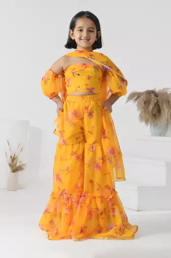 Yellow printed chiffon girls sharara set