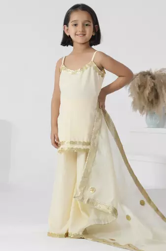 Ivory embroidered crepe girls sharara set