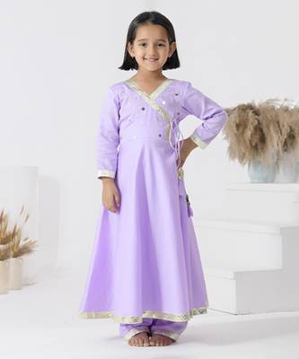 Purple embroidered cotton silk girls kurti set 1