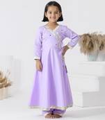 Purple embroidered cotton silk girls kurti set